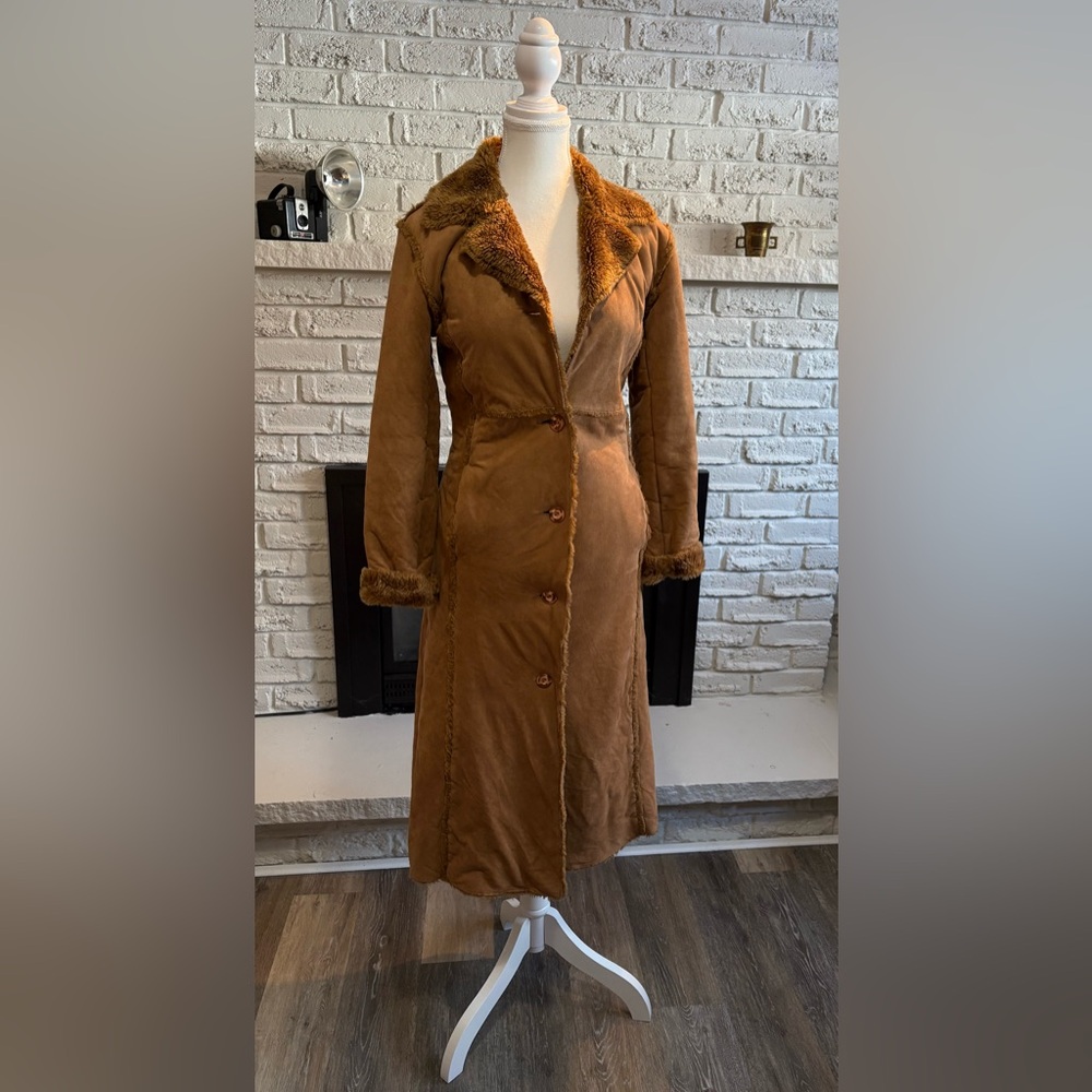Vagues High Fashion Tan Faux Suede Teddy Fur Lined Long Trench Coat Jacket S